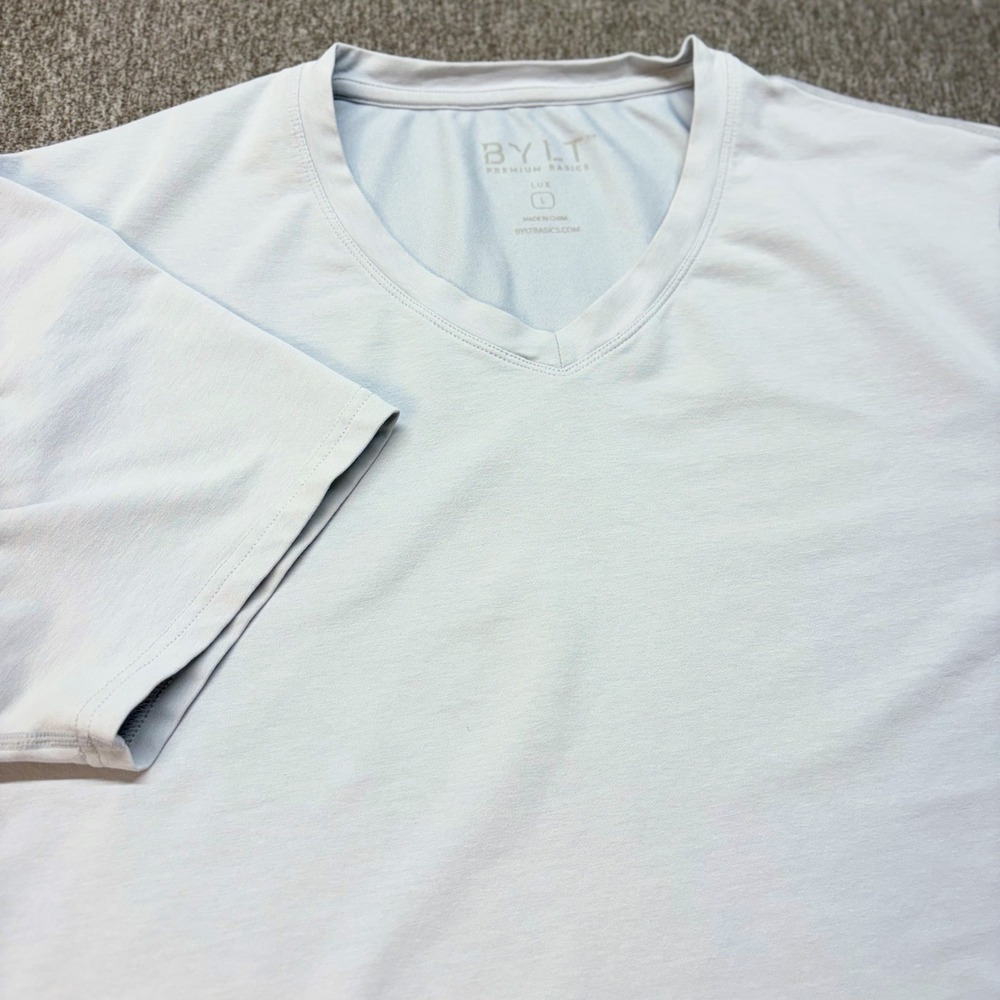 BYLT Premium Basics Lux V-Neck T-Shirt Mens Large Light Blue Drop Cut Curved Hem